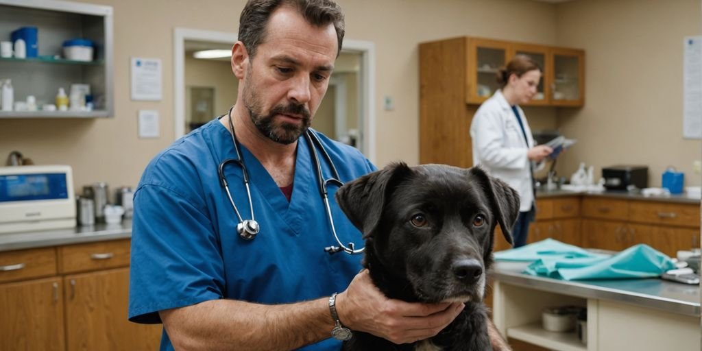 Concerned owner with distressed dog at vet clinic