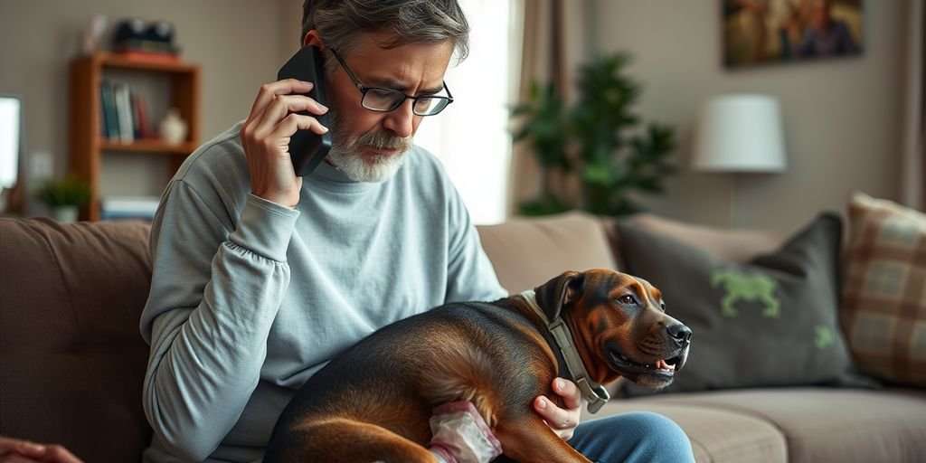 Pet owner calling vet with injured dog