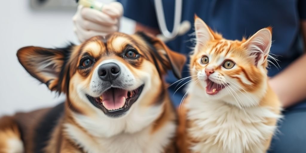 Healthy dog and cat with a vet