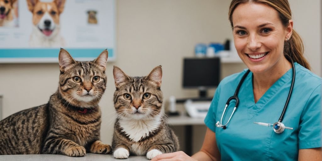 Dog and cat at vet with syringe