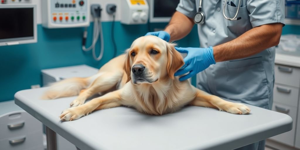 Vet examining a golden retriever