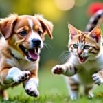 A dog and cat playing in a green garden.