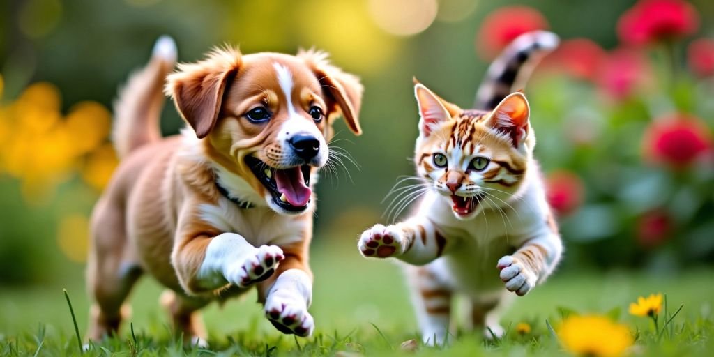 A dog and cat playing in a green garden.