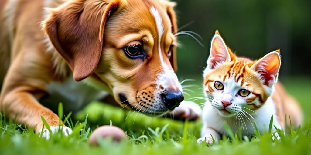 Dog and cat playing in green grass, showcasing healthy fur.