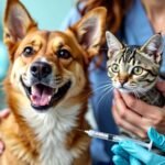 Vet vaccinating a happy dog and cat