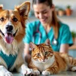 Happy pets at a vet clinic with a caring veterinarian.