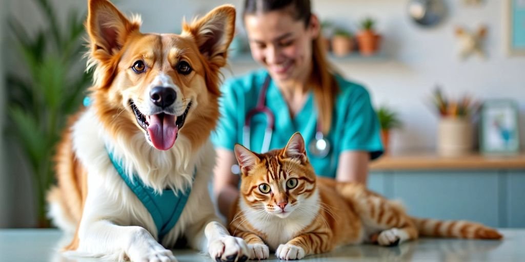 Happy pets at a vet clinic with a caring veterinarian.