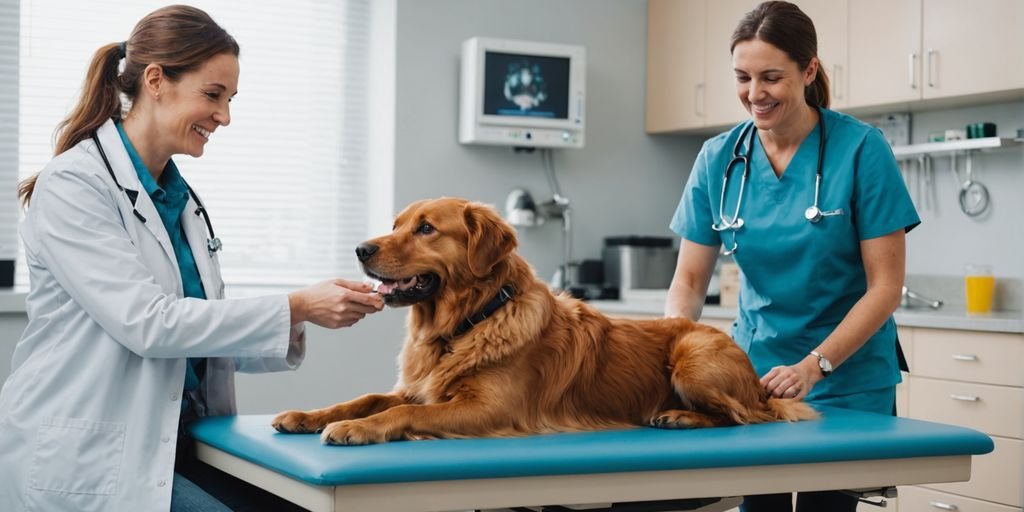 Dog and cat on vet's table with veterinarian