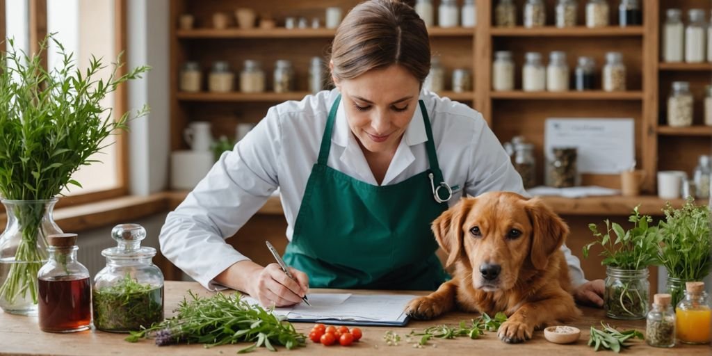 Vet examining dog with natural remedies