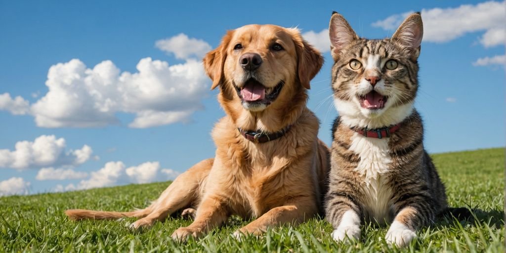 Happy dog and cat on grassy field