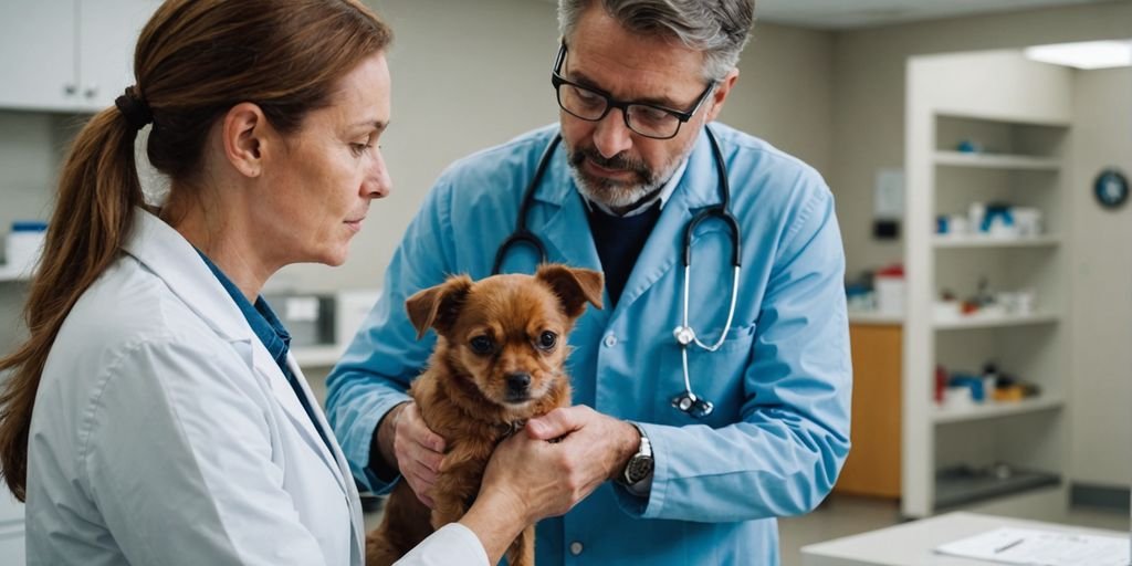 Vet examining a small dog with worried owner