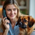 Pet owner calling vet with small dog