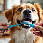 Dog getting teeth brushed by owner