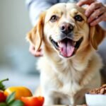 Healthy dog with food and vet's hand