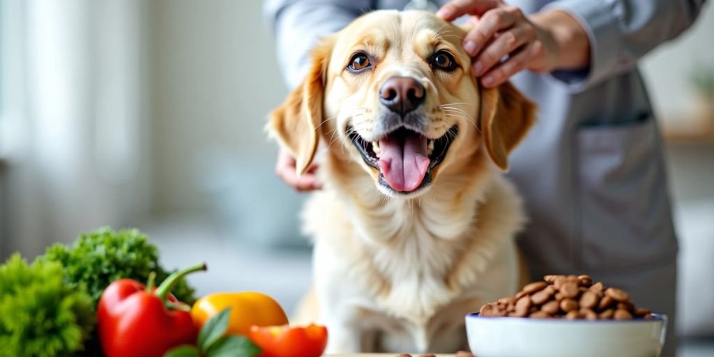 Healthy dog with food and vet's hand